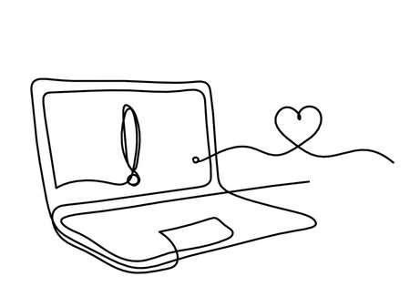 Abstract laptop and heart as line drawing on white backgroundのイラスト素材