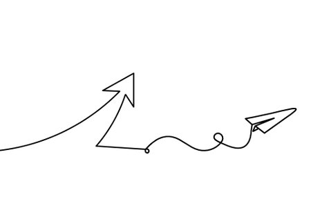 Abstract continuous lines arrows with paper plane drawing on white as backgroundのイラスト素材