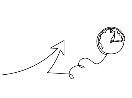 Abstract continuous lines arrows with clock drawing on white as backgroundのイラスト素材