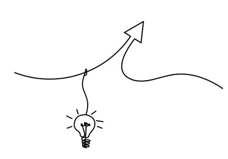 Abstract continuous lines arrows with light bulb drawing on white as backgroundのイラスト素材