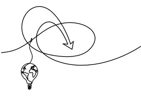 Abstract continuous lines arrows with light bulb drawing on white as backgroundのイラスト素材
