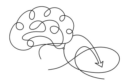 Abstract continuous lines arrows with brain drawing on white as backgroundのイラスト素材
