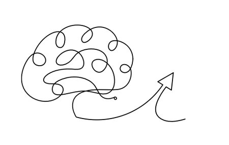 Abstract continuous lines arrows with brain drawing on white as backgroundのイラスト素材