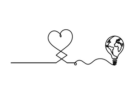 Abstract hearts with light bulb as continuous line drawing on white backgroundのイラスト素材