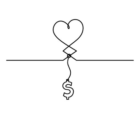 Abstract hearts with dollar as continuous line drawing on white backgroundのイラスト素材