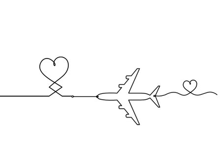 Abstract hearts with plane as continuous line drawing on white backgroundのイラスト素材