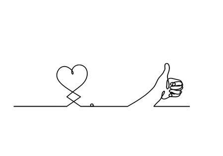 Abstract hearts with hand as continuous line drawing on white backgroundのイラスト素材