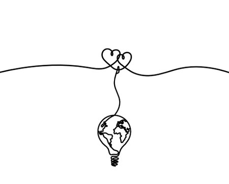 Abstract hearts with light bulb as continuous line drawing on white backgroundのイラスト素材