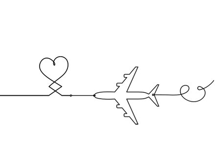 Abstract hearts with plane as continuous line drawing on white backgroundのイラスト素材