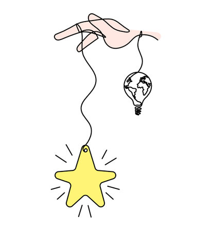 Abstract color  star with hand and light bulb as line drawing on white backgroundの写真素材