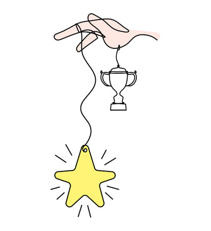 Abstract color  star with hand and trophy as line drawing on white backgroundの写真素材