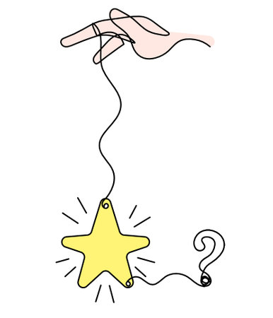 Abstract color  star with hand and question mark as line drawing on white backgroundの写真素材