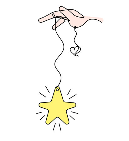 Abstract color  star with hand and heart as line drawing on white backgroundの写真素材
