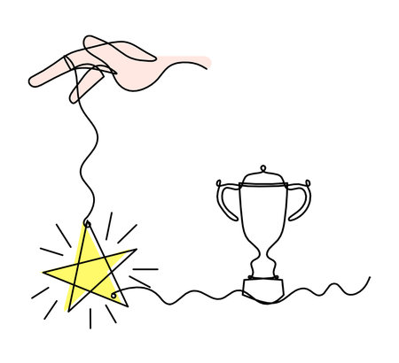 Abstract color  star with hand and trophy as line drawing on white backgroundの写真素材