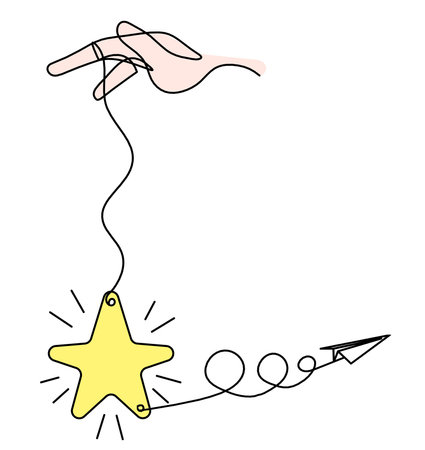 Abstract color  star with hand and paper plane as line drawing on white backgroundの写真素材