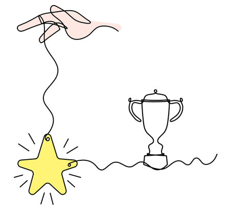 Abstract color  star with hand and trophy as line drawing on white backgroundの写真素材
