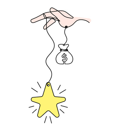 Abstract color  star with hand and dollar as line drawing on white backgroundの写真素材