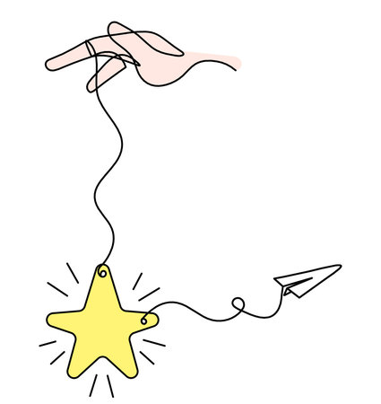 Abstract color  star with hand and paper plane as line drawing on white backgroundの写真素材