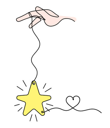 Abstract color  star with hand and heart as line drawing on white backgroundの写真素材