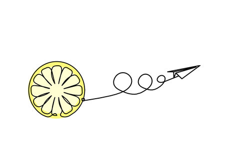 Color drawing line lemon with paper plane on the white backgroundの写真素材