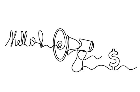 Abstract megaphone and dollar as continuous lines drawing on white backgroundのイラスト素材
