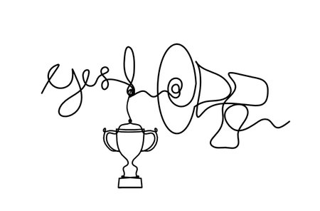 Abstract megaphone and trophy as continuous lines drawing on white backgroundのイラスト素材