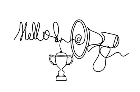 Abstract megaphone and trophy as continuous lines drawing on white backgroundのイラスト素材