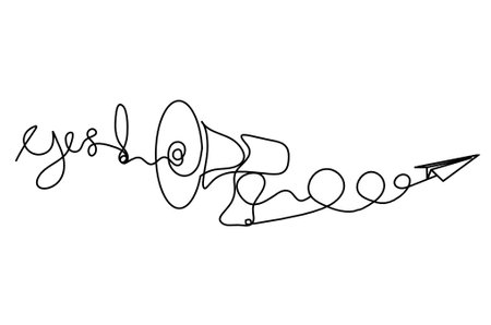 Abstract megaphone and paper plane as continuous lines drawing on white backgroundのイラスト素材