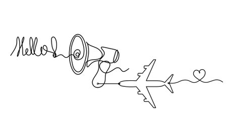 Abstract megaphone and plane as continuous lines drawing on white backgroundのイラスト素材