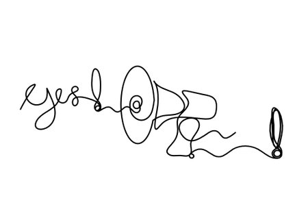 Abstract megaphone and exclamation mark as continuous lines drawing on white backgroundのイラスト素材