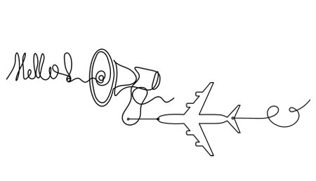 Abstract megaphone and plane as continuous lines drawing on white backgroundのイラスト素材