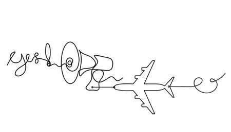 Abstract megaphone and plane as continuous lines drawing on white backgroundのイラスト素材