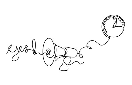 Abstract megaphone and clock as continuous lines drawing on white backgroundのイラスト素材