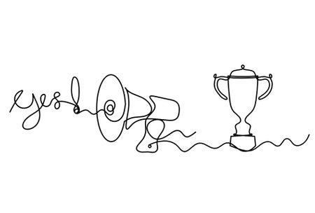 Abstract megaphone and trophy as continuous lines drawing on white backgroundのイラスト素材