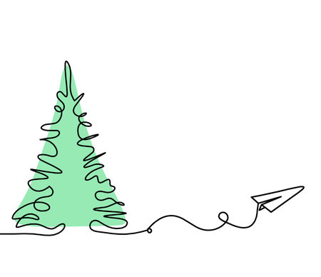 Abstract color tree and paper plane as line drawing on the white backgroundの写真素材