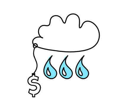 Abstract blue drop with clouds and dollar as line drawing on white backgroundの写真素材