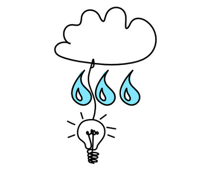 Abstract blue drop with clouds and light bulb as line drawing on white backgroundの写真素材