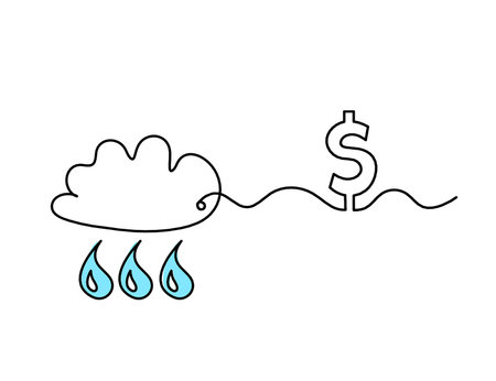 Abstract blue drop with clouds and dollar as line drawing on white backgroundの写真素材