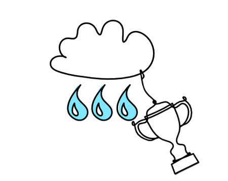 Abstract blue drop with clouds and trophy as line drawing on white backgroundの写真素材