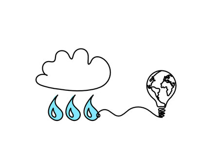Abstract blue drop with clouds and light bulb as line drawing on white backgroundの写真素材