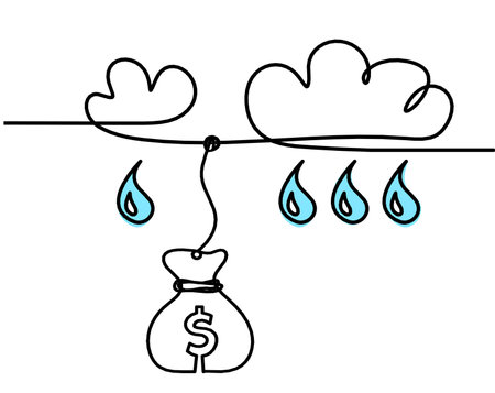 Abstract blue drop with clouds and dollar as line drawing on white backgroundの写真素材