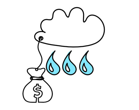 Abstract blue drop with clouds and dollar as line drawing on white backgroundの写真素材