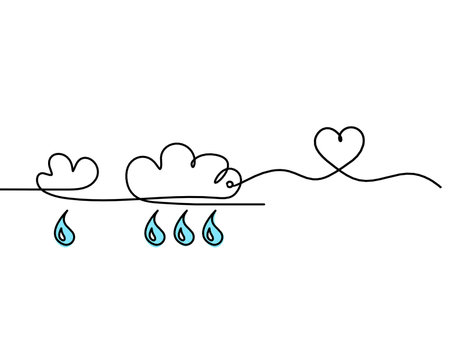 Abstract blue drop with clouds and heart as line drawing on white backgroundの写真素材