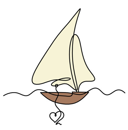 Abstract color boat with heart as line drawing on white backgroundの写真素材