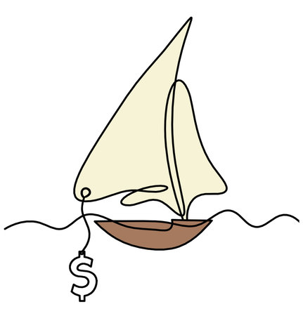 Abstract color boat with dollar as line drawing on white backgroundの写真素材