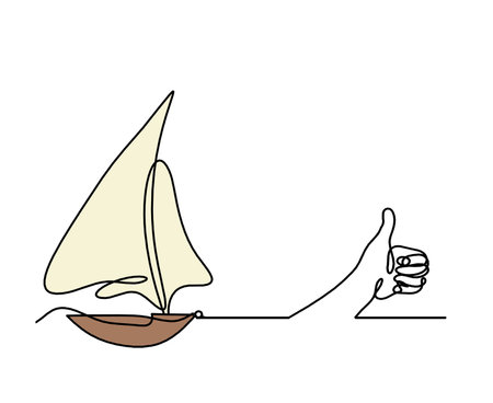 Abstract color boat with hand as line drawing on white backgroundの写真素材