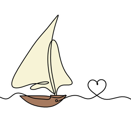 Abstract color boat with heart as line drawing on white backgroundの写真素材