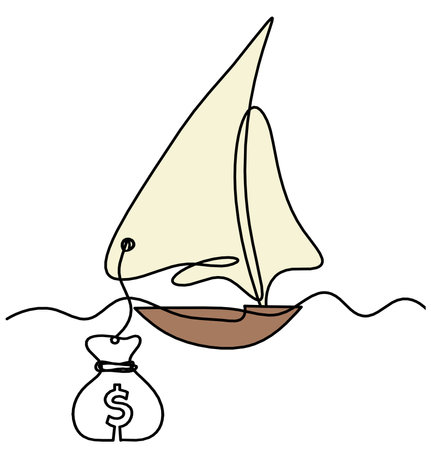 Abstract color boat with dollar as line drawing on white backgroundの写真素材