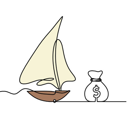 Abstract color boat with dollar as line drawing on white backgroundの写真素材