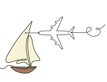 Abstract color boat with plane as line drawing on white backgroundの写真素材
